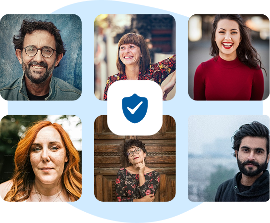 Portraits of people with a shield icon symbolising secure online shopping.