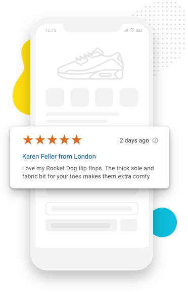 Trusted Shops review with 5 stars about flip flops in front of a mobile phone wireframe